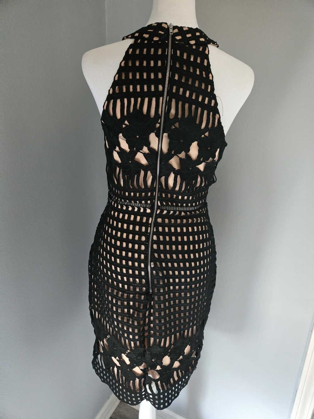 Lulu's Black Crochet Lace Halter Mini Dress with Nude Lining - Picture 2 of 3